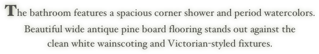 The bathroom features a spacious corner shower and period watercolors. 
Beautiful wide antique pine board flooring stands out against the 
clean white wainscoting and Victorian-styled fixtures.