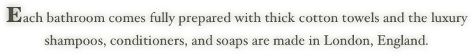 Each bathroom comes fully prepared with thick cotton towels and the luxury
shampoos, conditioners, and soaps are made in London, England.